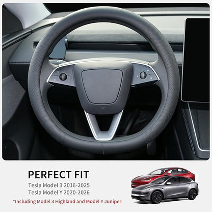 Uxcer Nappa Leather Steering Wheel Cover Compatible with Tesla Model 3/Y 2016-2025 2026 Juniper/Highland, Non-Slip Breathable Model 3/Y Steering Wheel Protector, Black