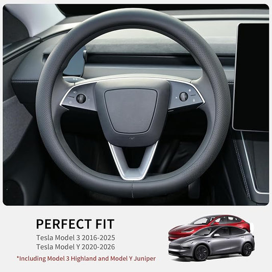 Uxcer Nappa Leather Steering Wheel Cover Compatible with Tesla Model 3/Y 2016-2025 2026 Juniper/Highland, Non-Slip Breathable Model 3/Y Steering Wheel Protector, Black