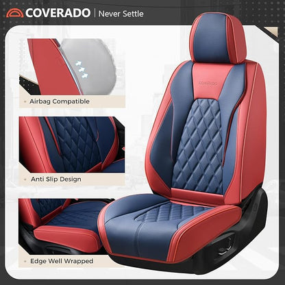 Coverado Leather Car Seat Covers, Automotive Seat Cover Waterproof Seat Covers for Cars, 2 Pack Leather Seat Covers, Driver Seat Cover Car Seat Cushion Protector Universal Fit for Most Cars - Red&Blue
