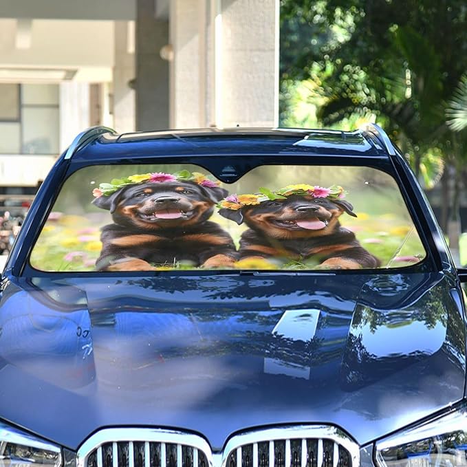 Windshield Sun Shade Rottweiler Dog Puppy Front Window Block UV Shades Visor Reflective Retractable for Car SUV Trucks