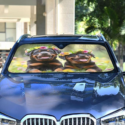 Windshield Sun Shade Rottweiler Dog Puppy Front Window Block UV Shades Visor Reflective Retractable for Car SUV Trucks