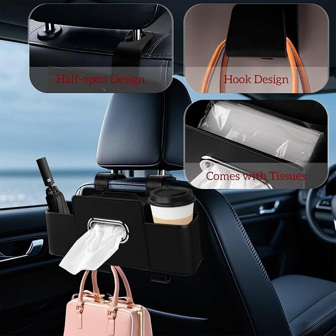 Car Back Seat Organizer with Tissue, Car Seat Back Tissue Box and Storage Hook, Multifunctional Car Organizer for Hold Phone,Drinks,Handbag,Compatible with Most Vehicles (Black)