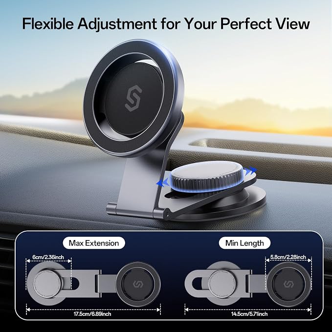 SYNCWIRE Fits MagSafe Car Mount for Universal Dashboard, Tesla Screen, Magnetic Phone Holder for Car,Foldable Aluminum Alloy Arm,Super Stable Car Mount for iPhone 17 Pro Max 16 15 14 13 12&All Phones