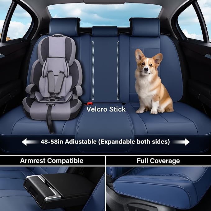 Coverado Car Seat Cover Full Set, Blue Seat Covers Front Seats Back Seat Covers, Nappa Leather Waterproof, Car Seat Cushion, Car Seat Protector Universal Fit Most Cars