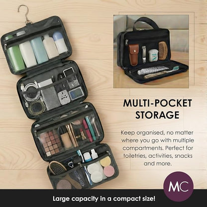 Travel Toiletry Bag for Men & Women, Large Capacity Makeup Organizer & Cosmetic Bag, Water-Resistant Portable Essentials Case with Metal Hook & Carry Handle - Perfect for Travel Use (Black, Large)