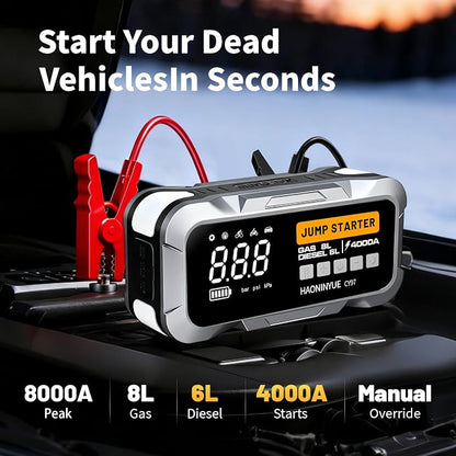 4000A Car Jump Starter with Air Compressor, Car Jumper 150PSI Portable Car Battery Jump Starter, 12V Jump Box Battery Pack (8L Gas 6L Diesel Engine) with Boost, LEDLight and Jumper Cables