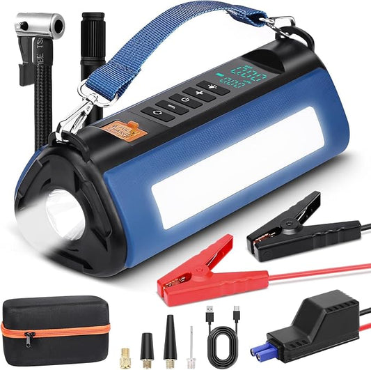 Portable Jump Starter with Air Compressor, 1000A Jump Starter Battery Pack (All Gas/5.0L Diesel) 150PSI Digital Tire Inflator, 12V Car Jump Box Car Battery with LCD Display, 2 Types of Lights