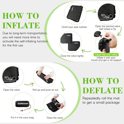 Inflatable Seat Cushion, Self-Inflating Memory Foam Stadium Seats Cushion Portable Camping Air-Foam Sitting Pad for Travel Airplane Car Bleachers Backpacking Office, Lightweight & Compact
