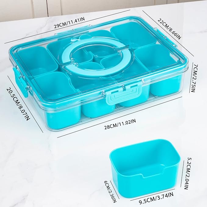 WACOI Divided Snack Serving Tray with Lid and Handle Travel Snackle Charcuterie Container Portable Storage Organizer for Candy, Fruits, Nuts, Snacks, Party, Picnic (1pack, Lake blue)