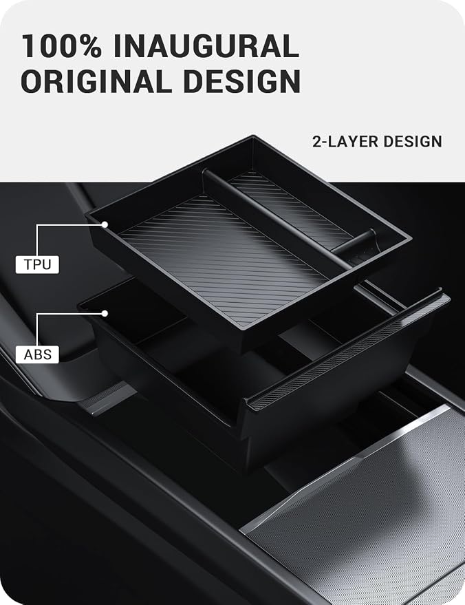 BASENOR 2026 Tesla Model Y Model 3 Center Console Organizer Tray, Cup Holder Armrest Hidden Storage Box for 2025 2026 Model Y Juniper 2024 2025 2026 Tesla 3 Highland