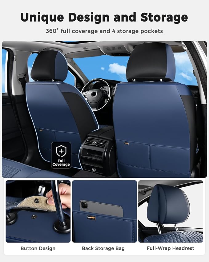 Huidasource Blue Seat Covers, Luxury Nappa Leather Car Seat Covers with Velcro Adjustable, Airbag, Lumbar Support, Cooling＆Heating, Seat Covers for Trucks Universal Fit for Most Cars SUV Trucks Blue