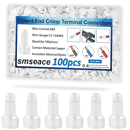 smseace 100 Pcs Nylon Closed End Crimp Terminal -Crimp Caps Wire Connectors for 12-10 AWG - Ideal for Automotive, Audio, and Electrical Applications
