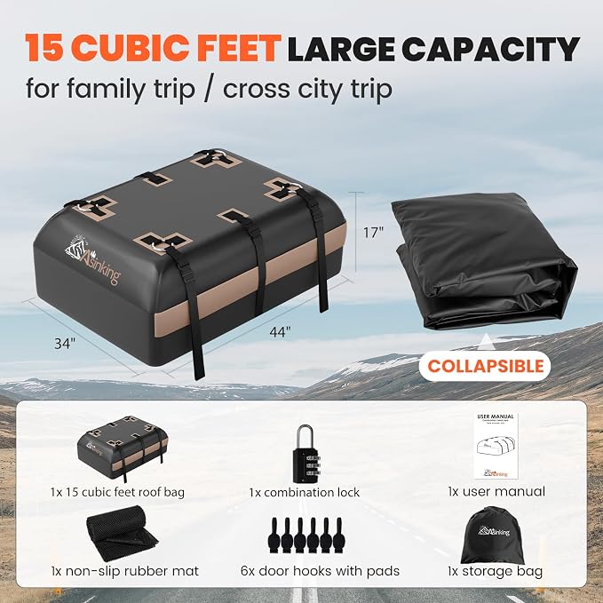 Asinking Car Rooftop Cargo Carrier Bag, 15 Cubic Feet Waterproof Roof Cargo Bag for Sedan SUV Minivan, Fit Vehicles with/Without Roof Rack, Sidebars & Crossbars - Max Size 44" L x34 W x17 H