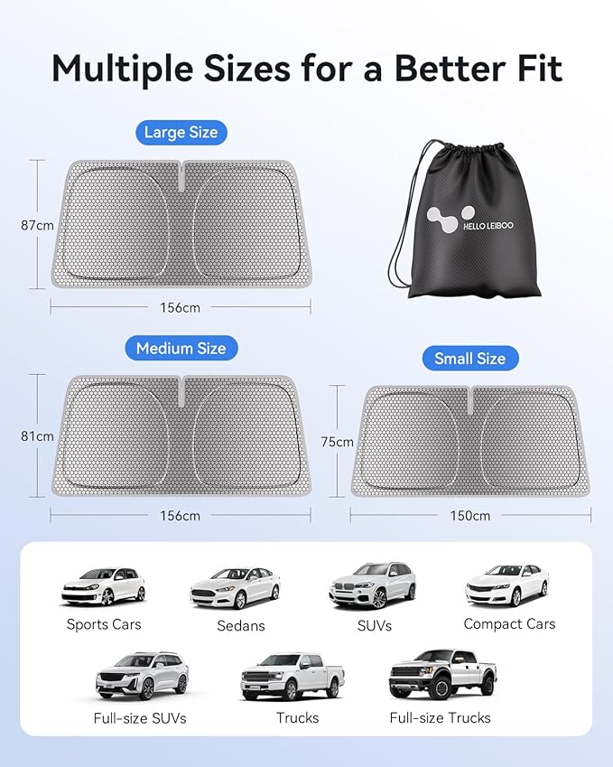 helloleiboo Graphene Windshield Sun Shade for SUVs and Most Mid-Size Sedans, 99% UV Blocking, Dual-Layer Honeycomb Heat Shield, Keeps Interior Cooler, Foldable