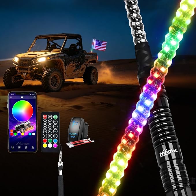 Nilight LED Whip Light 1PC 2FT Spiral RGB Antenna Whips with Spring Base, App/Remote Control DIY Chasing Patterns Brake & Reverse Lights for Side by Side ATV UTV RZR Can-Am Buggy Jeep