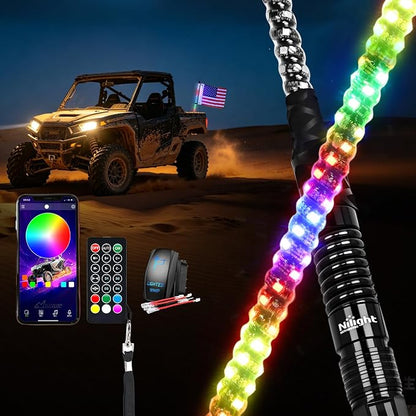 Nilight LED Whip Light 1PC 2FT Spiral RGB Antenna Whips with Spring Base, App/Remote Control DIY Chasing Patterns Brake & Reverse Lights for Side by Side ATV UTV RZR Can-Am Buggy Jeep