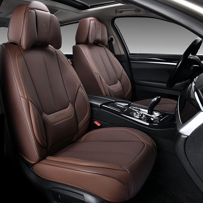 Coverado Front and Back Seat Covers, Waterproof Nappa Leather Auto Seat Protectors Full Set with Head Pillow, 5 Pieces Universal Car Accessories Fit for Most Sedans SUV Pick-up Truck, Brown