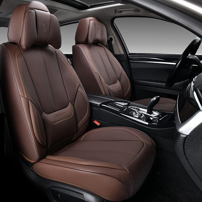 Coverado Front and Back Seat Covers, Waterproof Nappa Leather Auto Seat Protectors Full Set with Head Pillow, 5 Pieces Universal Car Accessories Fit for Most Sedans SUV Pick-up Truck, Brown