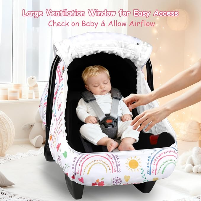 Winter Car Seat Cover Baby with Sunshade & Dual Zipper Windows - Minky Bubble Lined Windproof Soft Shell, Warm Newborn Car Seat Canopy Covers, Elastic Bottom for Stroller & Infant Car Seat, Rainbow