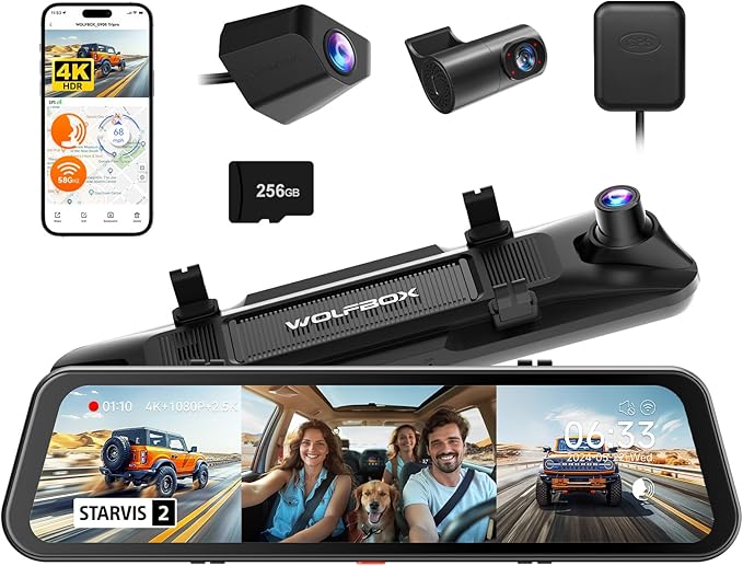 WOLFBOX G900 Tripro Cabin Version 3 Channel 4K Rear View Mirror Camera,8MP STARVIS IMX678 Night Vision,4K+1080P+2.5K Front Inside and Rear Mirror Dash Cam,5.8GHz WiFi,Voice Control,Includes 256GB Card