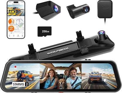 WOLFBOX G900 Tripro Cabin Version 3 Channel 4K Rear View Mirror Camera,8MP STARVIS IMX678 Night Vision,4K+1080P+2.5K Front Inside and Rear Mirror Dash Cam,5.8GHz WiFi,Voice Control,Includes 256GB Card