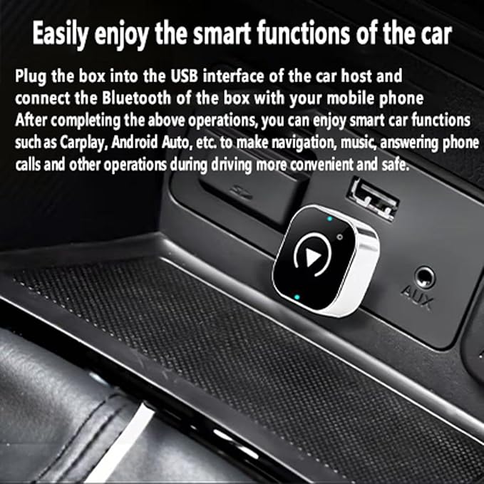 Wireless CarPlay Adapter，Ultra-Compact Stealth Design，Plug & Play，Dual-Band High-Speed Connection，Smart Cooling，Secure Installation，Compatible with Factory Wired CarPlay Vehicles