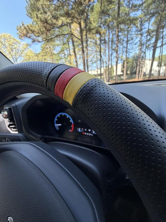 Quick Install Sporty Perforated Nappa Leather Steering Wheel Cover with German Stripes for Porsche Mercedes Audi BMW VW Deutsch-Ness 14.5 to 15 inches SW
