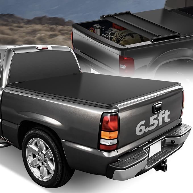 Auto Dynasty Soft Tri-Fold Truck Bed Tonneau Cover Compatible with 1999-2006 Chevy Silverado GMC Sierra 1500 2500 3500 & HD 6.5Ft Fleetside/Styleside Bed Without Bed Rail System, Matte Black