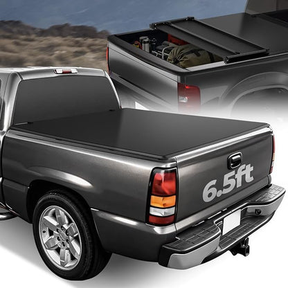 Auto Dynasty Soft Tri-Fold Truck Bed Tonneau Cover Compatible with 1999-2006 Chevy Silverado GMC Sierra 1500 2500 3500 & HD 6.5Ft Fleetside/Styleside Bed Without Bed Rail System, Matte Black