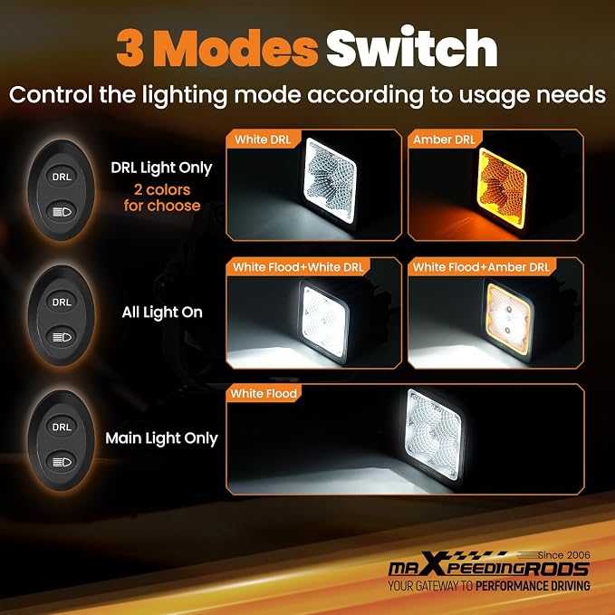 maXpeedingrods 3in LED Pod Lights Amber & White DRL Flood Beam 80W 5 Modes | 8000LM Cube Offroad Lights, Memory Function, Wiring Harness, IP67 Waterproof for Jeep Wrangler, Ford F150, Truck, ATV UTV