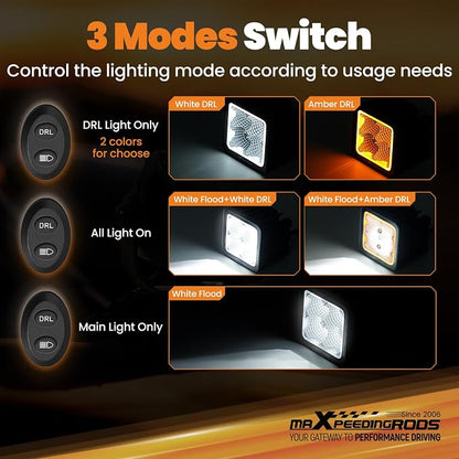 maXpeedingrods 3in LED Pod Lights Amber & White DRL Flood Beam 80W 5 Modes | 8000LM Cube Offroad Lights, Memory Function, Wiring Harness, IP67 Waterproof for Jeep Wrangler, Ford F150, Truck, ATV UTV