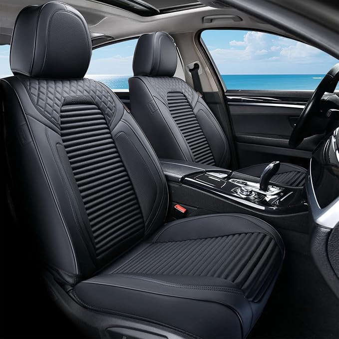 Coverado Front Seat Covers, Black Nappa Leather Car Seat Covers, Black Seat Covers for Cars, Car Seat Protector Cushions Universal Fit for Most Sedans SUV Pick-up Truck