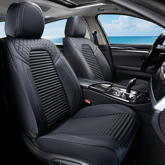 Coverado Front Seat Covers, Black Nappa Leather Car Seat Covers, Black Seat Covers for Cars, Car Seat Protector Cushions Universal Fit for Most Sedans SUV Pick-up Truck
