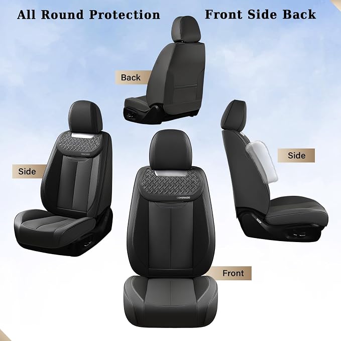 Coverado Car Seat Covers Full Set, Luxury Nappa Leather Seat Cover, Universal Seat Covers for Cars, Front and Back Waterproof Seat Cover Car Seat Protector Fit for Most Cars(Black)