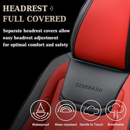 Coverado Car Seat Covers Full Set, Seat Covers for Cars, Car Seat Protector Waterproof, Leather Cushion, Universal Car Interior Covers Seat Protectors for Most Cars Black-Red