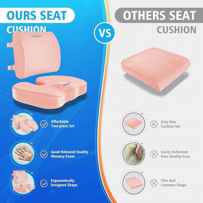 CushZone Ergonomic Seat Cushion & Lumbar Support Pillow - Memory Foam for Sciatica Pain Relief & Posture Correction, Non-Slip Chair Cushions for Office Chair/Car/Wheelchair/Travel (Pink)