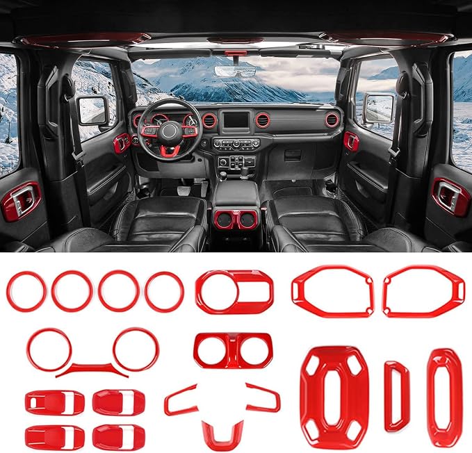 for Wrangler JL Interior Trim Kit Red Dashboard for Jeep Wrangler JL JLU Gladiator JT 2018-2023 Red Interior Accessories 21pcs