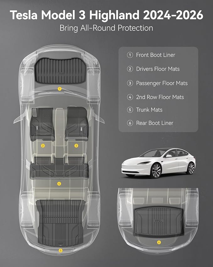 3W Tesla Model 3 Floor Mats 2026 2025 2024 with Metal Pedal, Full Set with Cargo Liner, Highland All Weather Custom Fit Rear Trunk Mat Accessories Black