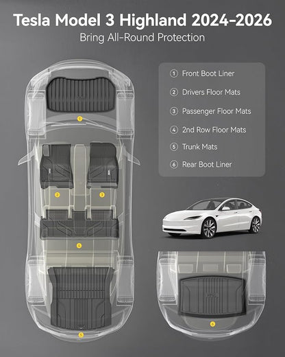 3W Tesla Model 3 Floor Mats 2026 2025 2024 with Metal Pedal, Full Set with Cargo Liner, Highland All Weather Custom Fit Rear Trunk Mat Accessories Black