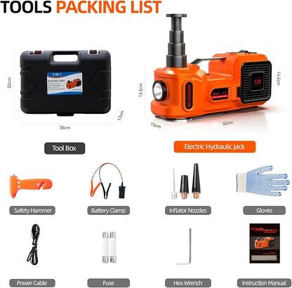 Car Jack Electric Hydraulic Jack 5Ton 155-450mm 3in1 Lift Inflator LED Light 12V Portable Outdoor Home Emergency Tire Change Roadside Rescue Tool for Sedan SUV MPV