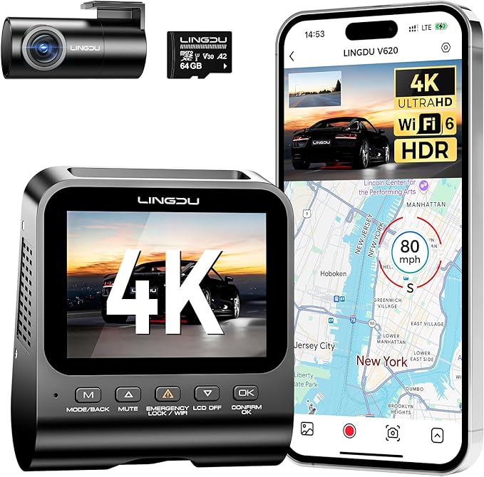 4K Dash Cam Front and Rear, WiFi6 Dash Camera for Cars, HDR Dashcam with Voice Control ADAS GPS, Night Vision, Motion Detection 24H Parking Mode, Advanced Timeline Playback APP, 64GB Card Included