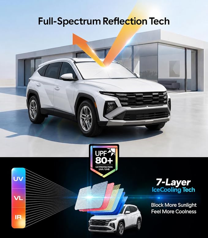Wigoo Windshield Sun Shade Umbrella for Hyundai Tucson [100% Sun Blockage, Ice Cooling Fabric] Reflective Heat Insulation, Foldable Front Window Sunshade Umbrella for Hyundai Tucson 2005-2026