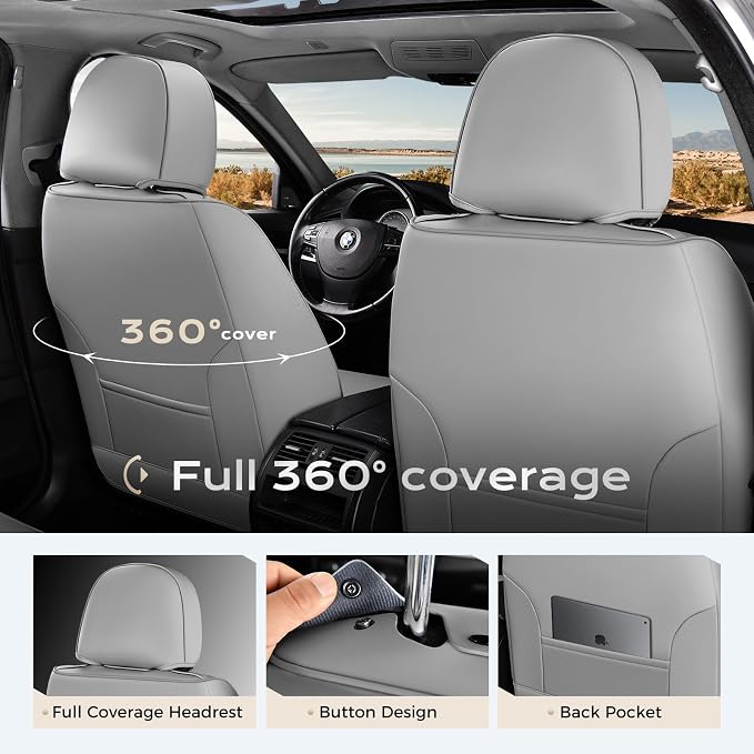 Coverado Car Seat Covers Full Sets, 5 Piece Car Seat Protector Waterproof Leather Seat Cushion Universal Fit for Truck Automotive Vehicles Gray