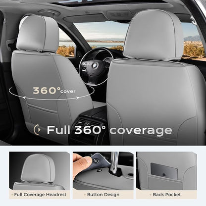 Coverado Car Seat Covers Full Sets, 5 Piece Car Seat Protector Waterproof Leather Seat Cushion Universal Fit for Truck Automotive Vehicles Gray