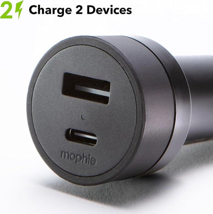 Mophie 42W Dual USB-C + USB-A Car Charger, Universal AUX Compatibility, LED Indicator, Fast Charging, Multi-Device