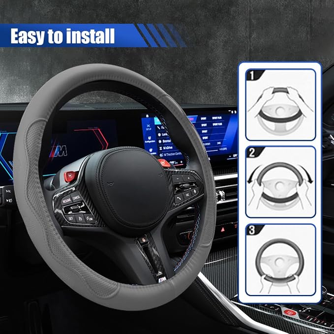 Car Steering Wheel Cover, 15 Inch Leather Anti-Slip Breathable Automotive Steering Wheel Protector, Universal Heat Resistant Vehicle Interior Accessories Cars, SUVs, Trucks(Gray)
