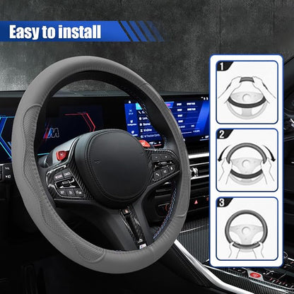 Car Steering Wheel Cover, 15 Inch Leather Anti-Slip Breathable Automotive Steering Wheel Protector, Universal Heat Resistant Vehicle Interior Accessories Cars, SUVs, Trucks(Gray)