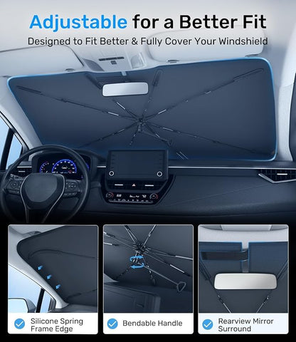 Zanch 2026 Upgraded Car Windshield Sun Shade [Cool Down by 75℉ ] with Heat Insulation Coating, Foldable Sunshade Umbrella with Flexible Handle & Ribs, Extra Small (51''x29'') for Compact Cars