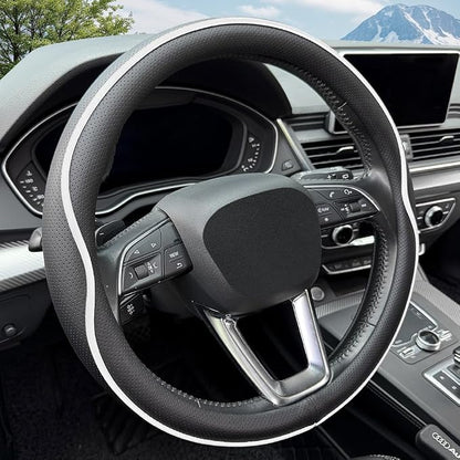 HAOTULE Leather Steering Wheel Cover， with Anti-Slip Stripe Design - Enhanced Grip, Fashion Style, Safe, Non-Slip, Breathable. Upgrade car Interior，Black White