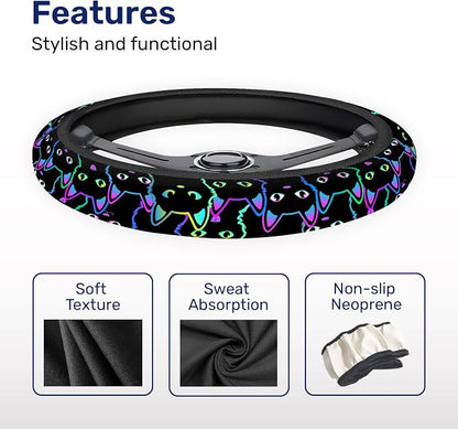 GENANY Neon Cat Steering Wheel Cover, Non Slip Polyester Car Wheel Protector for Car SUV Truck, Universal 15 Inch